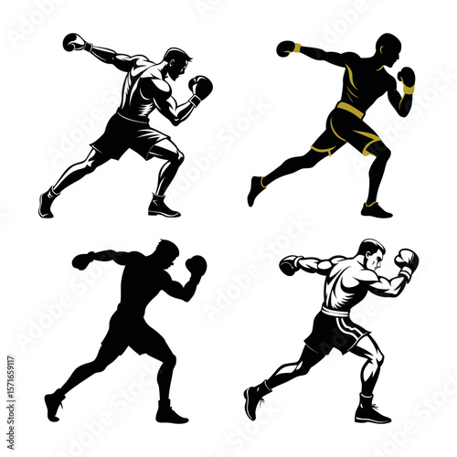 Four dynamic boxer silhouettes in action with black and white and gold accents