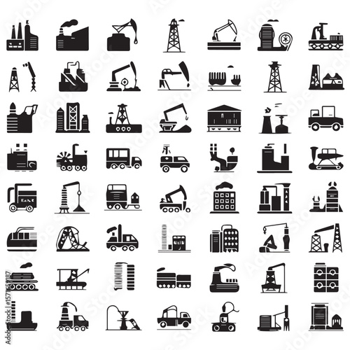 Collection of industrial icons representing factories oil rigs construction vehicles and heavy machinery in a grid layout