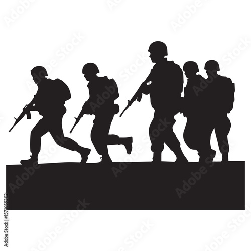 Silhouette of a squad of soldiers advancing forward with rifles and helmets on a white background