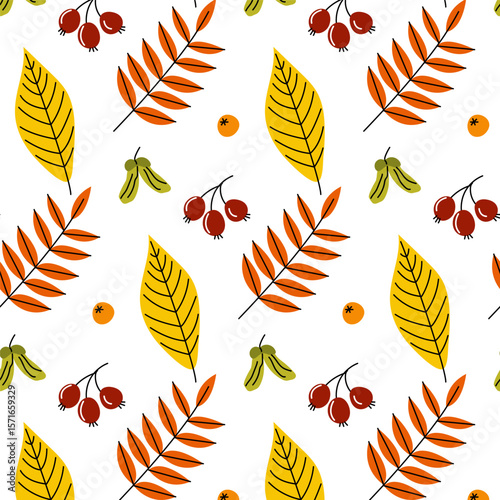Colorful autumn foliage pattern featuring leaves and berries on a white background suitable for textile design or home decor