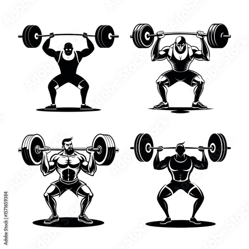 Four muscular athletes performing weightlifting exercises with barbell silhouette