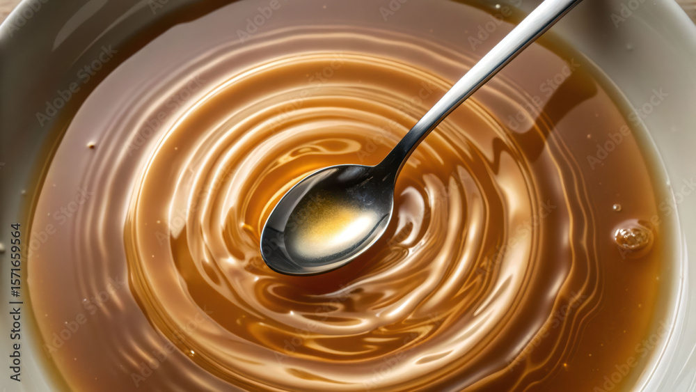 Wet spoon stirring caramel sauce creates smooth ripples with satisfying asmr effect in close up food texture image Wet spoon stirring caramel sauce creates smooth ripples with satisfying asmr effect in close up food texture image