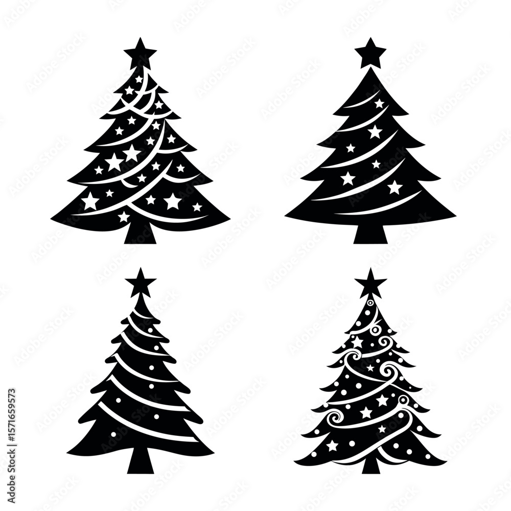 Obraz premium Four stylized black christmas tree silhouettes with stars and ornaments on white background