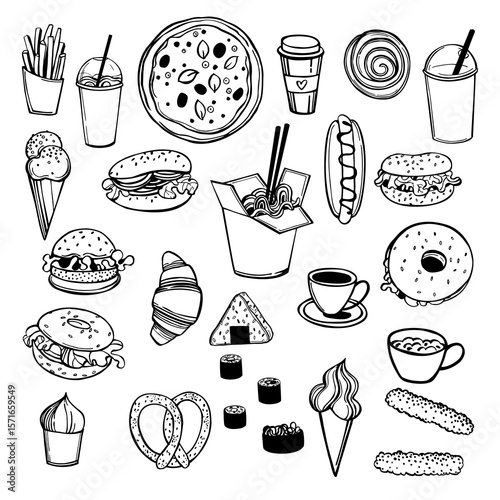 Hand-drawn fast food set. Vector sketch  illustration. 