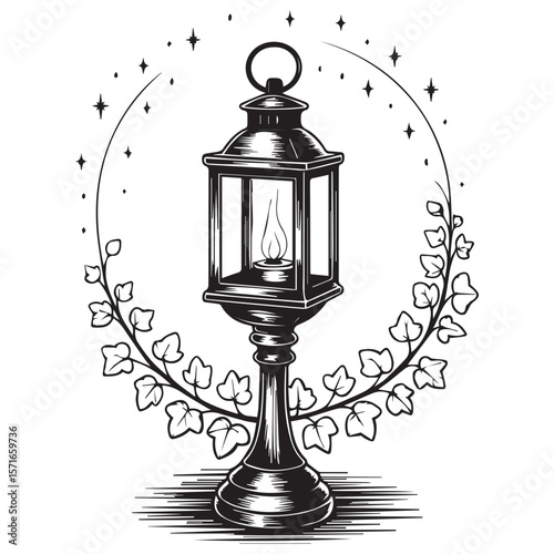 Ornate vintage lantern with a flame inside framed by an ivy wreath and scattered stars