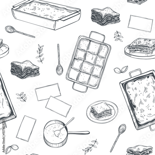 Hand-drawn lasagna set. Vector seamless pattern. 