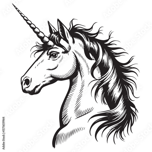 Majestic unicorn head profile with flowing mane and spiral horn in dramatic black and white illustration