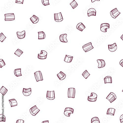 Hand-drawn chopped rhubarb pieces. Vector seamless pattern. 