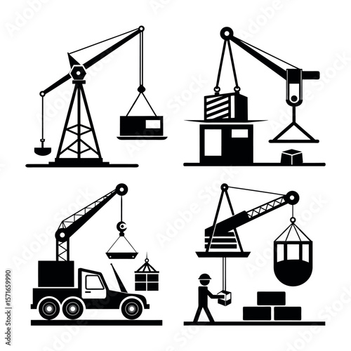 Set of four industrial crane operations with cargo and workers in a clean silhouette style