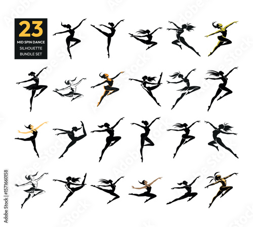 Collection of 23 diverse ballet dancers in dynamic poses and mid spin silhouette bundle set