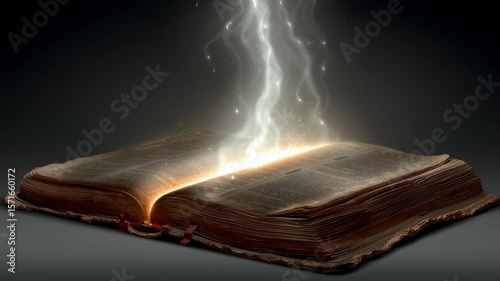 Mystical book emanates glowing light and magical energy in dark setting