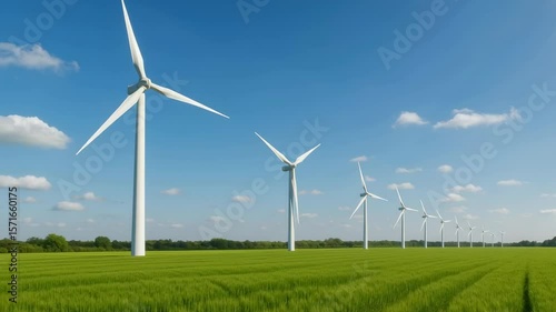 Wind turbines generating renewable energy in a green field under a clear blue sky