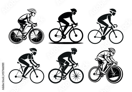 Six stylized cyclists in motion riding road bikes in a dynamic silhouette collection
