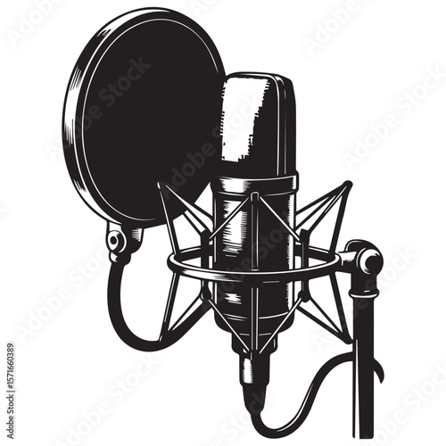 Vintage style black and white illustration of a professional studio condenser microphone with pop filter