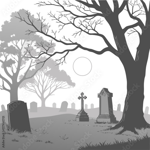 A somber graveyard scene with silhouetted bare trees tombstones and a large cross under a faint circular moon or sun
