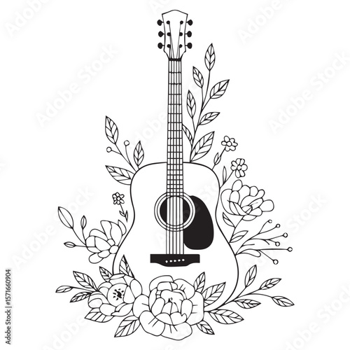 Acoustic guitar surrounded by a delicate floral arrangement of leaves and flowers in a charming line art style