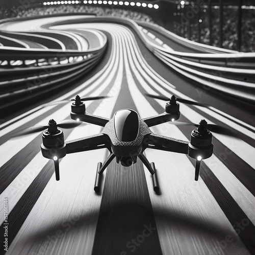 Black and white drone positioned on sleek curved racing track with dynamic perspective for drone technology, aerodynamic design, and futuristic UAV concepts