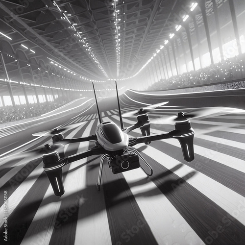 Black and white racing drone poised on curved track with dynamic perspective lines for drone racing competitions, high-speed sports, and FPV racing visuals