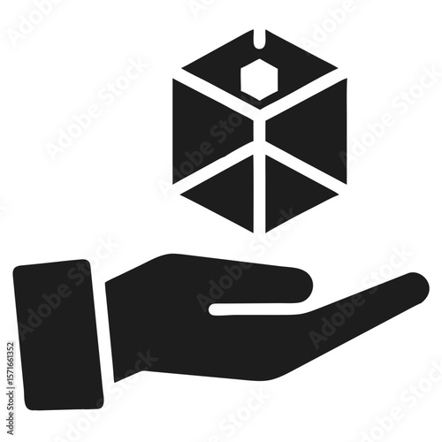 Minimalist silhouette of a hand gently holding a cubical object on a white background