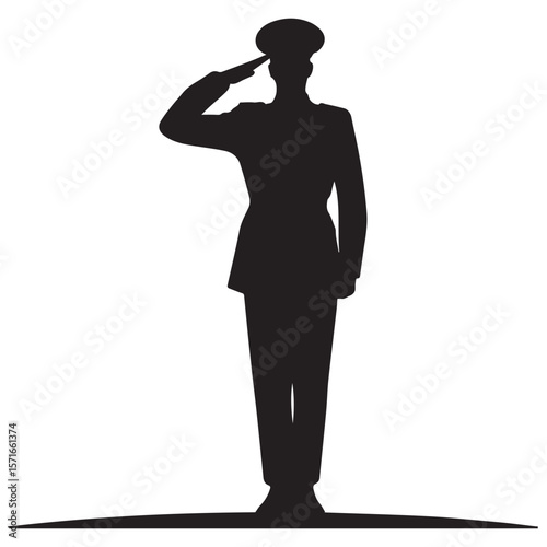 Silhouette of a military officer in uniform saluting with respect and honor on a white background