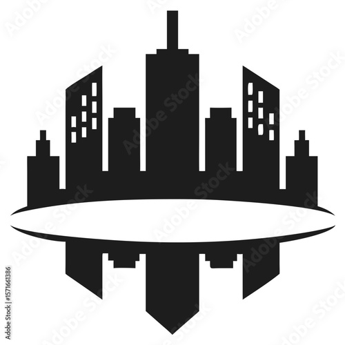 Abstract black silhouette of a modern city skyline with mirrored reflection design