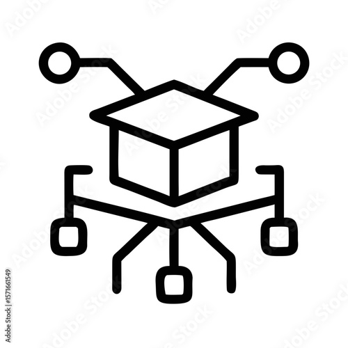 A modern silhouette design depicting graduation cap and data lines representing future education