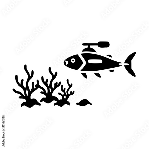 Black silhouette illustration of a submersible drone or robotic fish for ai applications