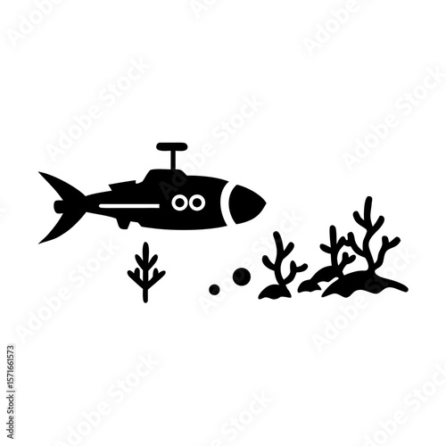 Black silhouette of a submersible drone or robotic fish on a transparent background