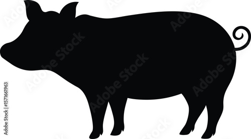 A chubby farm pig standing with a curled tail and stubby legs icon silhouette Vector