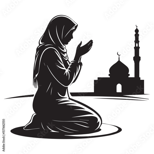 Silhouette of a muslim woman in hijab praying in front of a mosque with a crescent moon on the dome