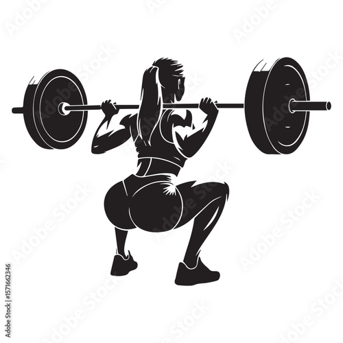 Strong athletic woman performing a barbell back squat exercise in a gym silhouette
