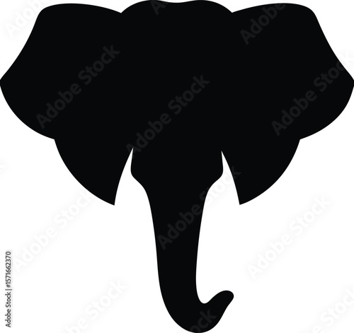 A front facing elephant head with large flared ears and strong tusks icon silhouette Vector