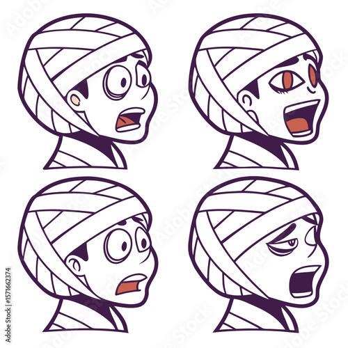Four stylized cartoon mummy heads in profile showing different expressions of fear surprise shock and distress with bandages wrapped around their heads