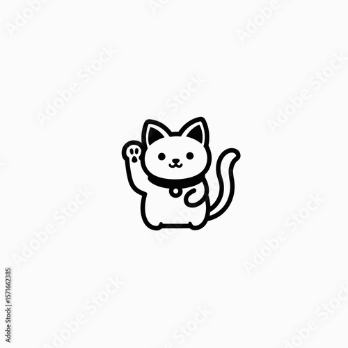Cute cat waving hello in minimalistic black and white design concept of friendliness  