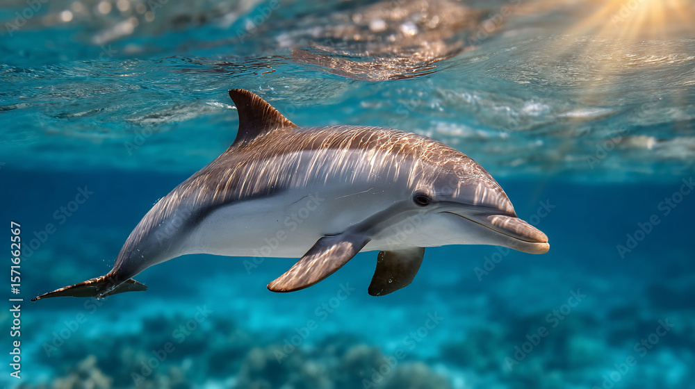Fototapeta premium Sleek dolphin glides through turquoise ocean depths