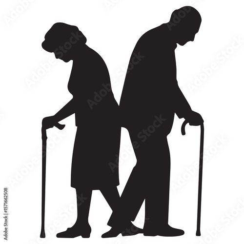 Elderly couple silhouettes back to back with walking sticks showing sadness and loneliness