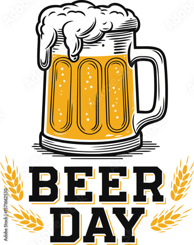 Festive beer day graphic with frothy mug and wheat ears