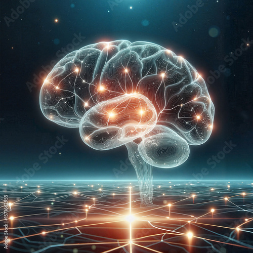 Glowing brain with neuron connections on dark background representing neuroscience, cognitive science, and brain activity for medical and educational use