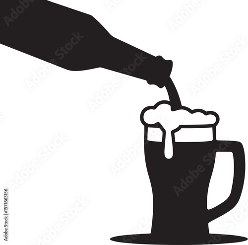 Black silhouette of a beer bottle pouring into a frothy mug