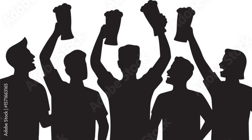 Silhouettes of cheering people celebrating with raised drinks