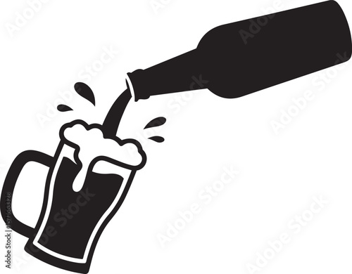 A simple, black and white silhouette of a beer bottle pouring into a beer glass.
