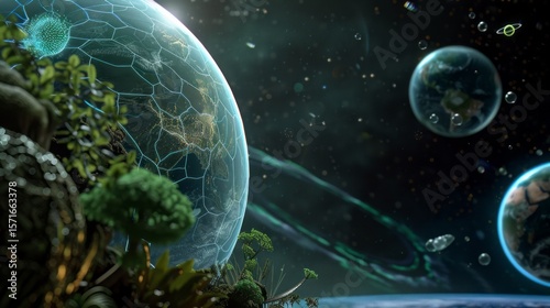 Enchanting Planetary Ecosystem: A Glimpse into Futuristic Worlds with Lush Greenery and Glowing Networks Abound.