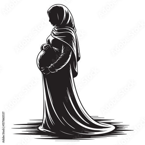 Elegant silhouette of a pregnant muslim woman wearing a hijab and flowing dress holding her belly