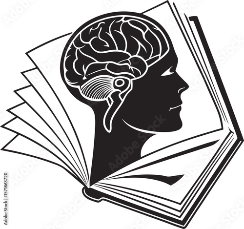 Vector art of an open book displays a silhouette of a human head with a visible brain