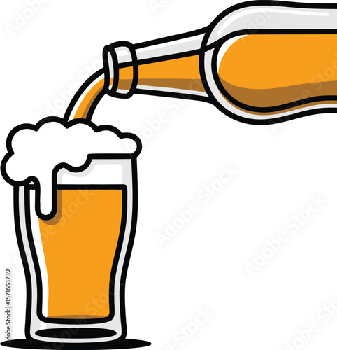 A simple, cartoon flat style illustration of a beer bottle pouring frothy beer into a glass.