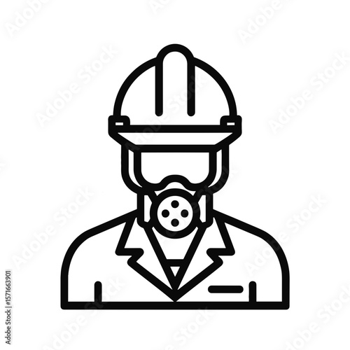 Construction worker wearing safety gear and a mask in outline style  