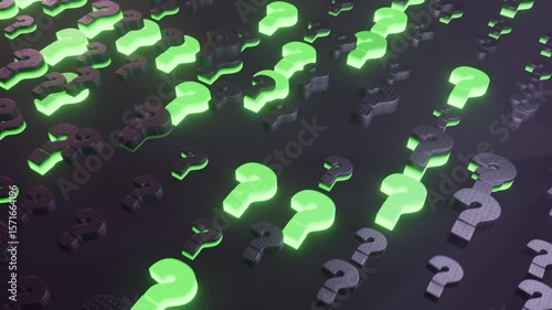 Glowing 3D Question Mark Looped Animation. Looped 3D animation of glowing green and black question marks with soft depth of field. Ideal for quiz intros, support visuals, explainer videos, tech scenes