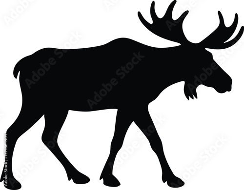 A moose walking diagonally with angled body and antlers in mid motion silhouette Vector