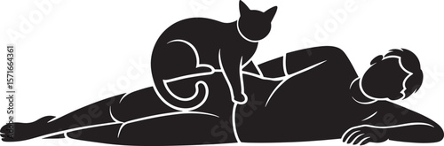 man Sleeping Silhouette with Cat on Bed with 3 Elements Rest Scene Icon for Calm and Pet Care Theme