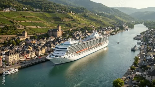 Scenic Cruise Ship on the Moselle River Passing Charming European Town and Vineyards